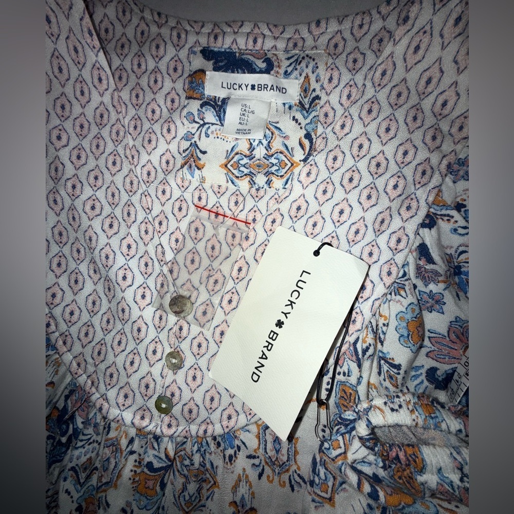 Lucky Brand Puff Dolman Sleeve Boho Floral Midi Dress Ruffle Hem Sz L NWT - Picture 8 of 9